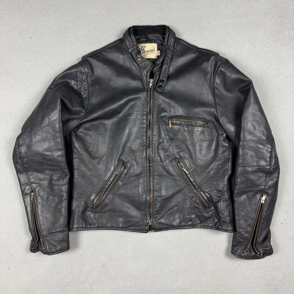 Bermans Leather Jacket Mens 44 Reg Vintage 60s 70s Cafe Racer Lenzip Zip Black